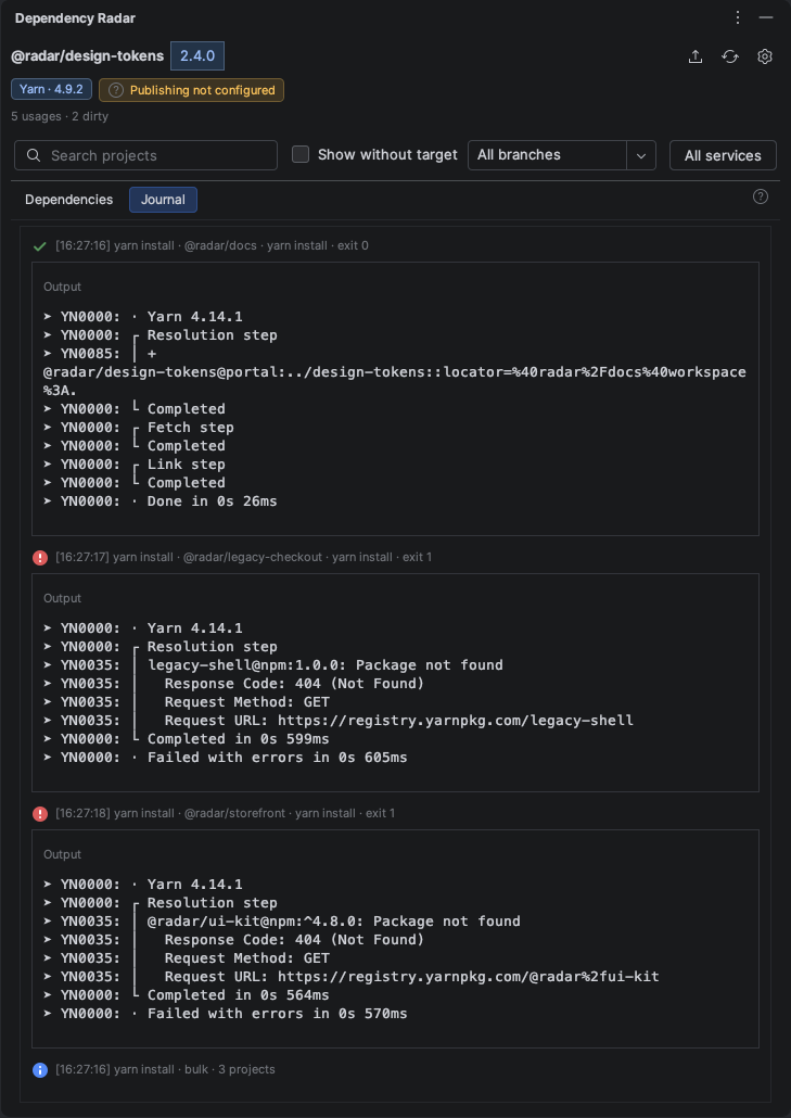 Dependency Radar Journal showing yarn install results for three projects