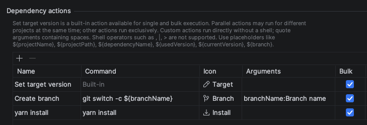 Dependency Radar settings listing Set target version, Create branch, and yarn install actions