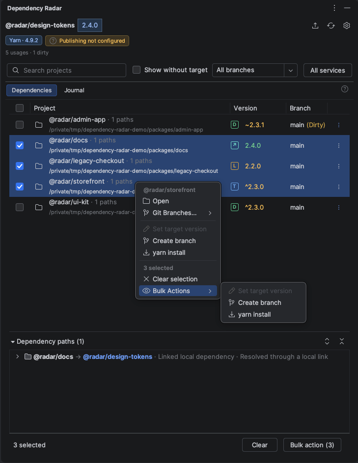 Dependency Radar with three selected projects and the bulk actions menu open