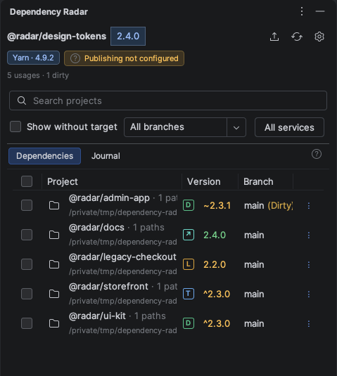 Dependency Radar in a compact WebStorm side panel