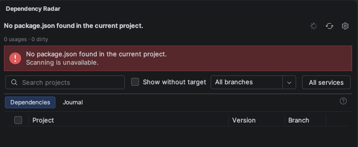 Dependency Radar reporting that no package.json was found in the current project