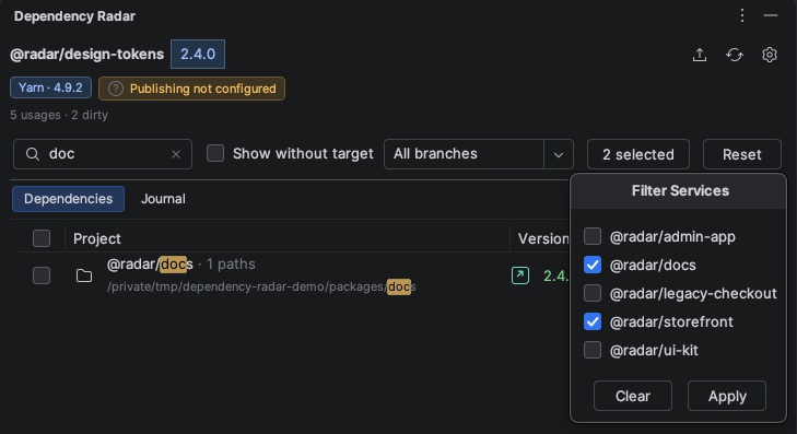 Dependency Radar with a doc search and the service filter open